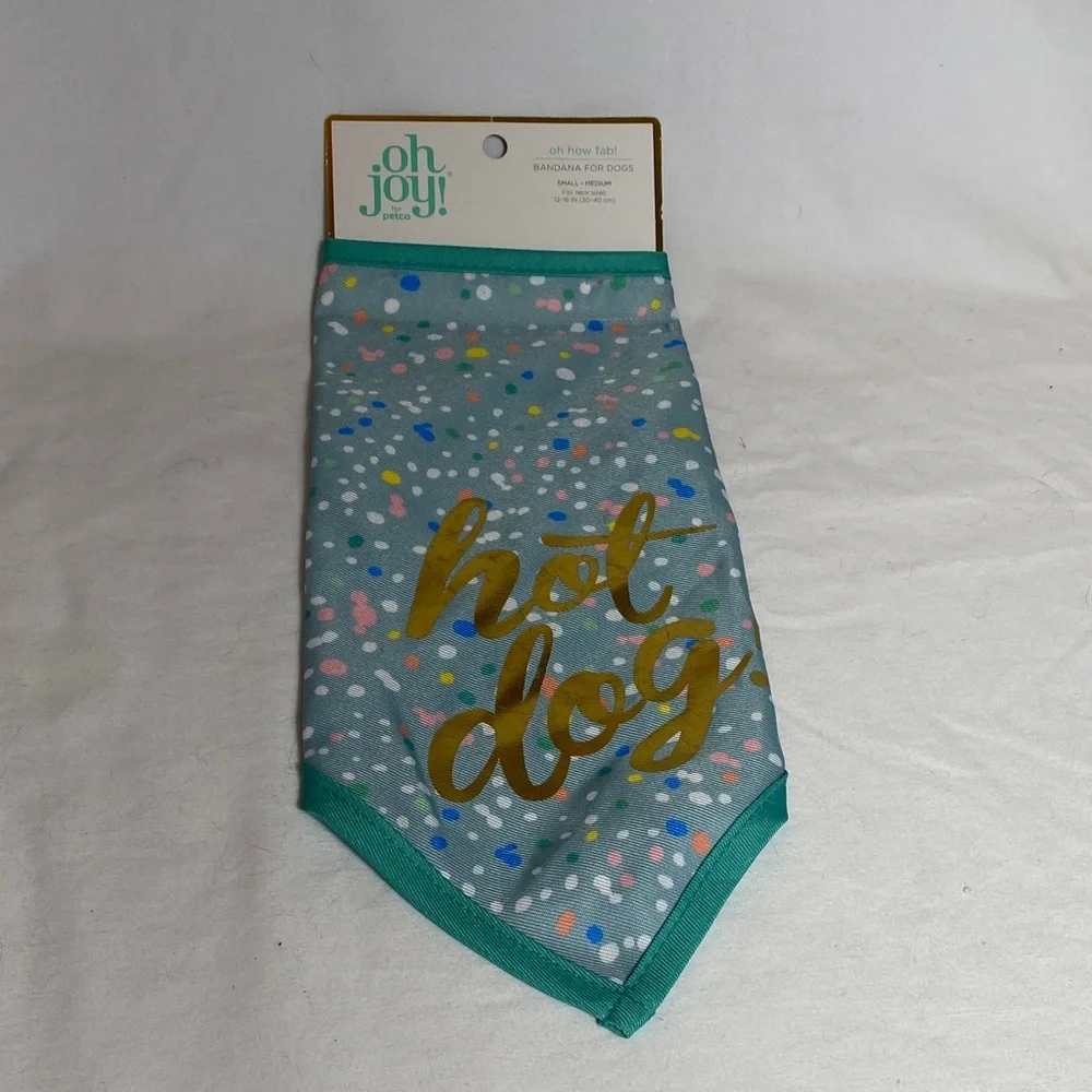 Blue and Cream Argyle Leather Dog Collar and Fun Polka-dotted “hot dog” Bandana